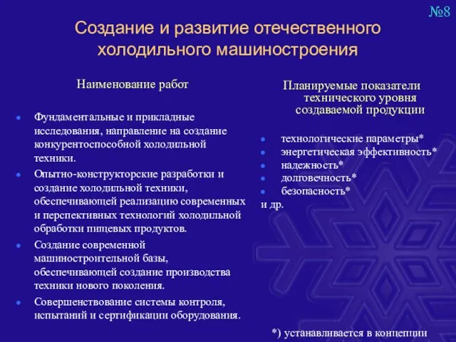 Создание и развитие отечественного холодильного машиностроения Наименование работ Фундаментальные и прикладные исследования,