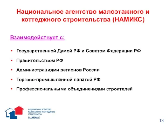 Национальное агентство малоэтажного и коттеджного строительства (НАМИКС) Взаимодействует с: Государственной Думой РФ