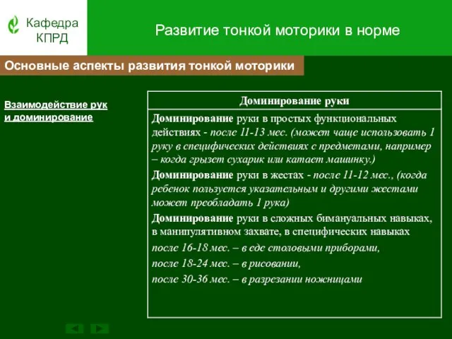 Взаимодействие рук и доминирование Кафедра КПРД Развитие тонкой моторики в норме Основные аспекты развития тонкой моторики