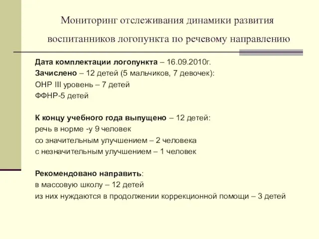 Мониторинг отслеживания динамики развития воспитанников логопункта по речевому направлению Дата комплектации логопункта