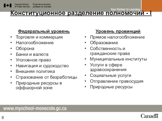 Конституционное разделение полномочий - I Федеральный уровень Торговля и коммерция Налогообложение Оборона