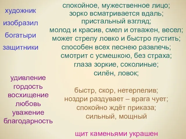 художник изобразил богатыри защитники спокойное, мужественное лицо; зорко всматривается вдаль; пристальный взгляд;