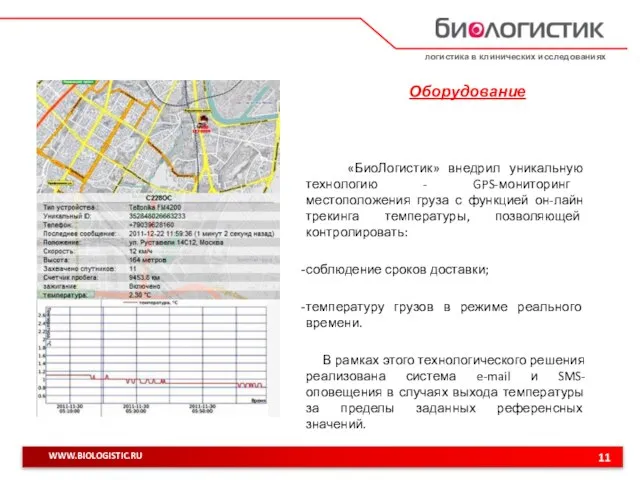 логистика в клинических исследованиях 11 WWW.BIOLOGISTIC.RU Оборудование «БиоЛогистик» внедрил уникальную технологию -