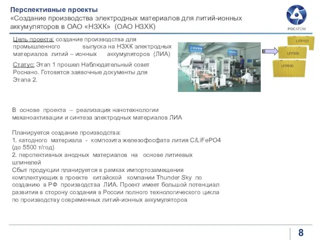 Перспективные проекты «Создание производства электродных материалов для литий-ионных аккумуляторов в ОАО «НЗХК»