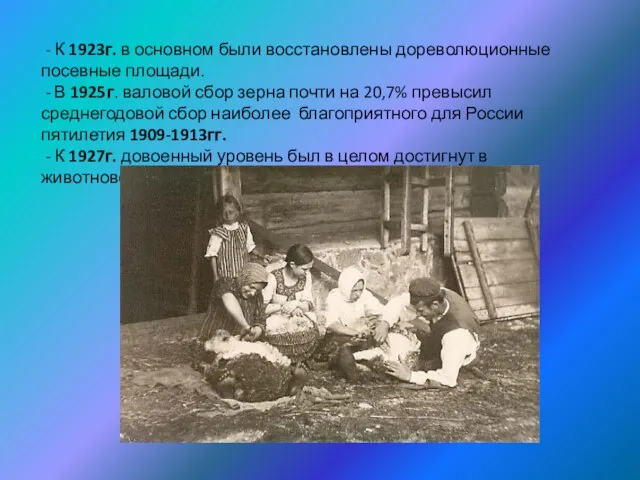 - К 1923г. в основном были восстановлены дореволюционные посевные площади. - В