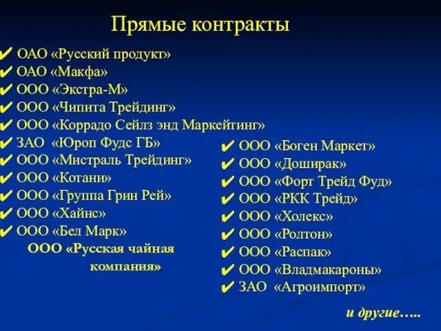 Прямые контракты ОАО «Русский продукт» ОАО «Макфа» ООО «Экстра-М» ООО «Чипита Трейдинг»