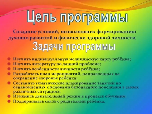 Создание условий, позволяющих формированию духовно развитой и физически здоровой личности Изучить индивидуальную