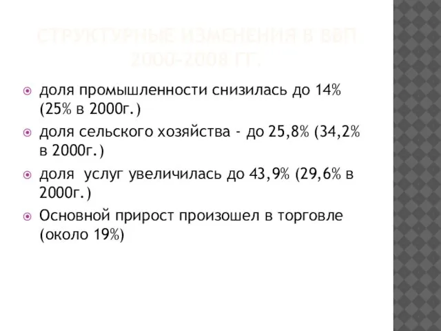 СТРУКТУРНЫЕ ИЗМЕНЕНИЯ В ВВП 2000-2008 ГГ. доля промышленности снизилась до 14% (25%