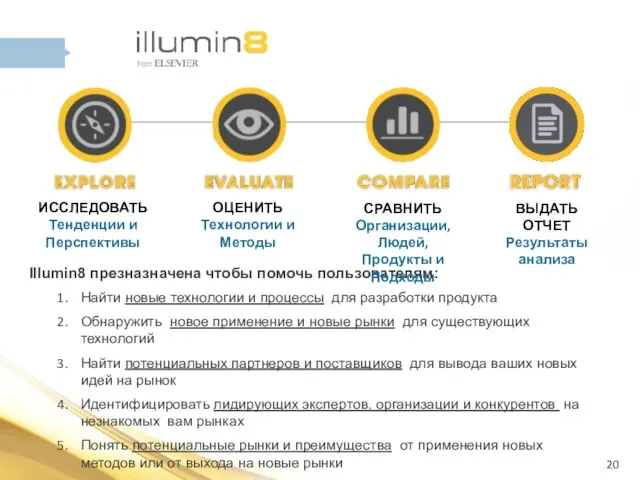 Illumin8 презназначена чтобы помочь пользователям: Найти новые технологии и процессы для разработки