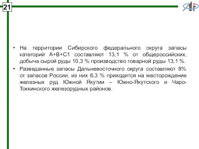 На территории Сибирского федерального округа запасы категорий А+В+С1 составляют 13,1 % от