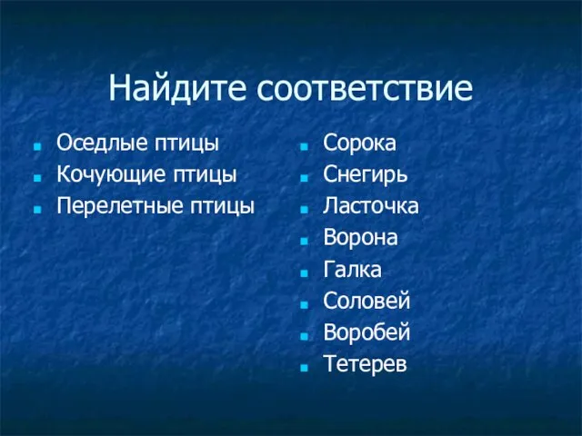 Найдите соответствие Оседлые птицы Кочующие птицы Перелетные птицы Сорока Снегирь Ласточка Ворона Галка Соловей Воробей Тетерев