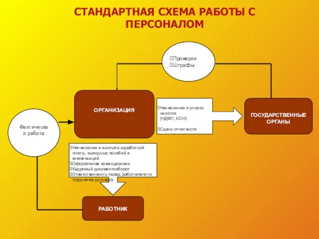 СТАНДАРТНАЯ СХЕМА РАБОТЫ С ПЕРСОНАЛОМ ОРГАНИЗАЦИЯ РАБОТНИК ГОСУДАРСТВЕННЫЕ ОРГАНЫ Начисление и выплата