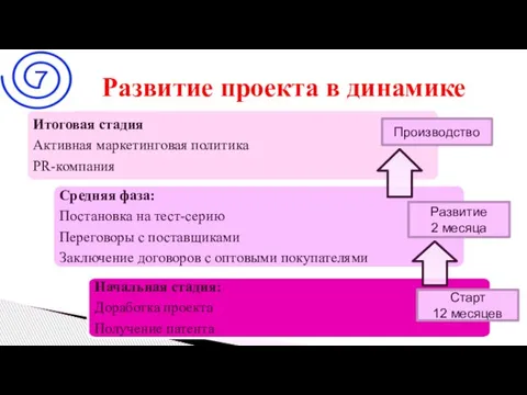 Развитие проекта в динамике Старт 12 месяцев Развитие 2 месяца Производство