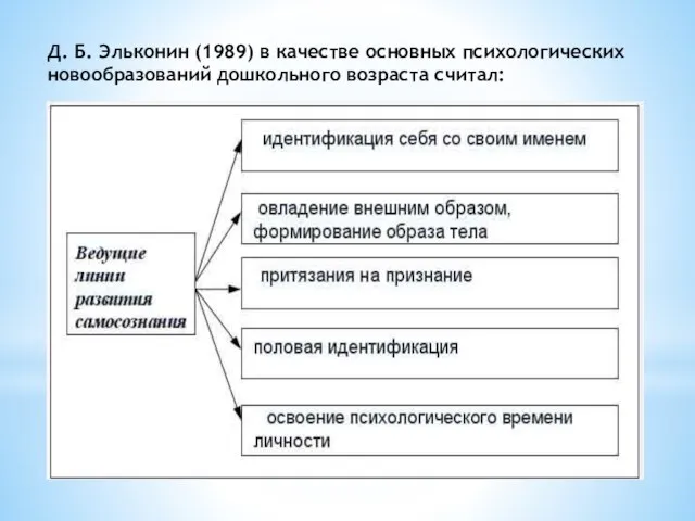 Д. Б. Эльконин (1989) в качестве основных психологических новообразований дошкольного возраста считал: