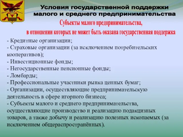 Условия государственной поддержки малого и среднего предпринимательства Субъекты малого предпринимательства, в отношении