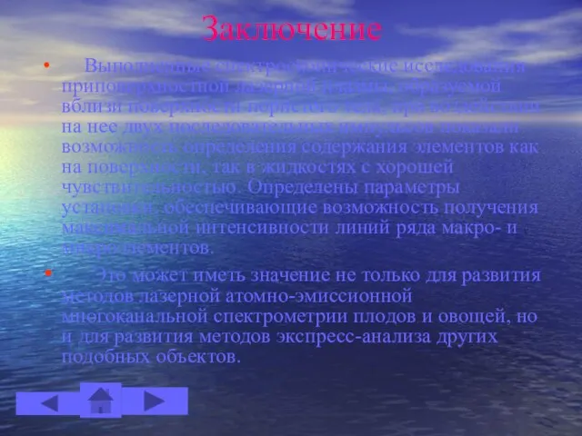 Заключение Выполненные спектроскопические исследования приповерхностной лазерной плазмы, образуемой вблизи поверхности пористого тела,