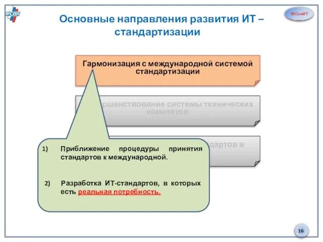 МСовИТ Основные направления развития ИТ – стандартизации 1 Гармонизация с международной системой