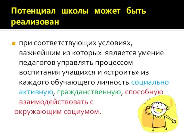 Потенциал школы может быть реализован при соответствующих условиях, важнейшим из которых является