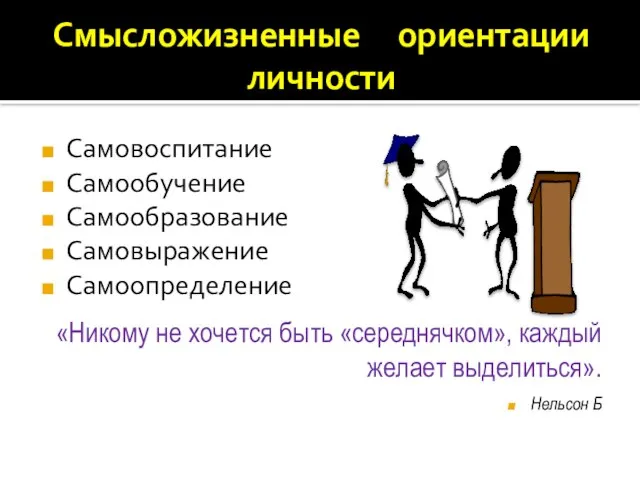 Смысложизненные ориентации личности Самовоспитание Самообучение Самообразование Самовыражение Самоопределение «Никому не хочется быть