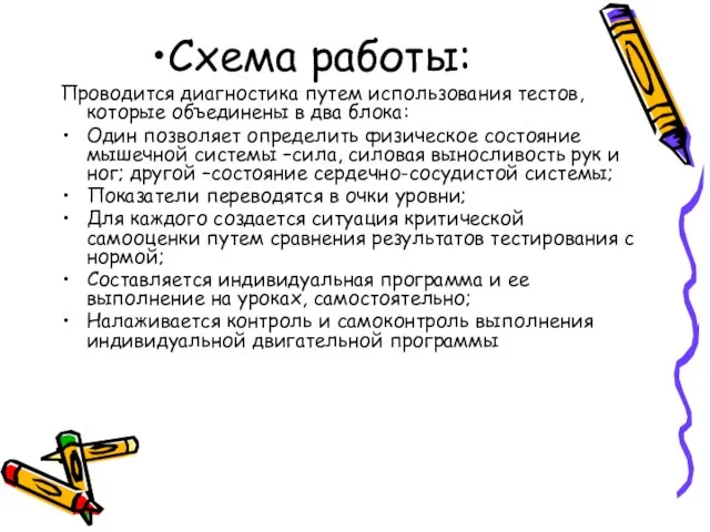 Схема работы: Проводится диагностика путем использования тестов, которые объединены в два блока: