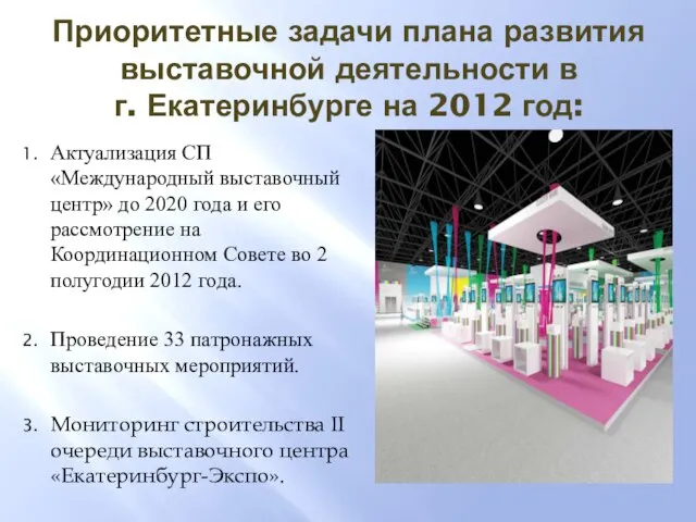 Приоритетные задачи плана развития выставочной деятельности в г. Екатеринбурге на 2012 год: