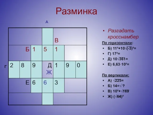 Разминка Разгадать кросснамбер По горизонтали: Б) 11²+10√(-3)²= Г) 17²= Д) 10√361= Е)