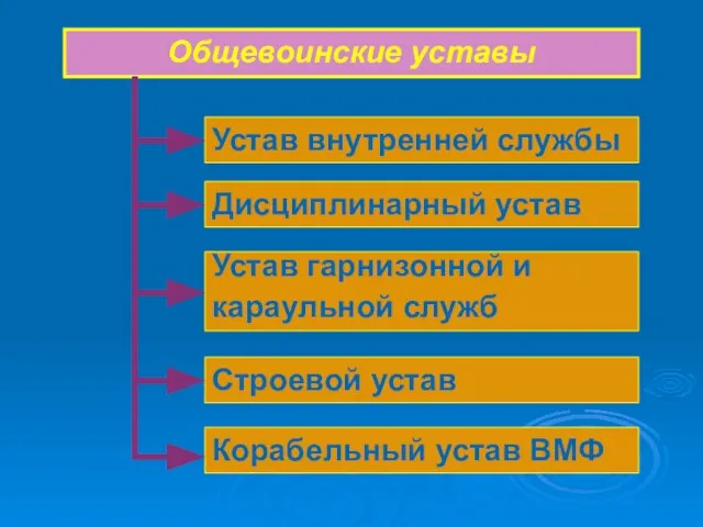 Общевоинские уставы Устав внутренней службы Дисциплинарный устав Устав гарнизонной и караульной служб