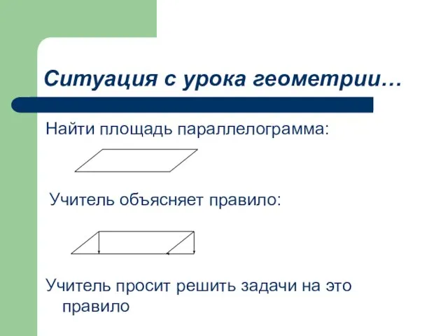 Ситуация с урока геометрии… Найти площадь параллелограмма: Учитель объясняет правило: Учитель просит