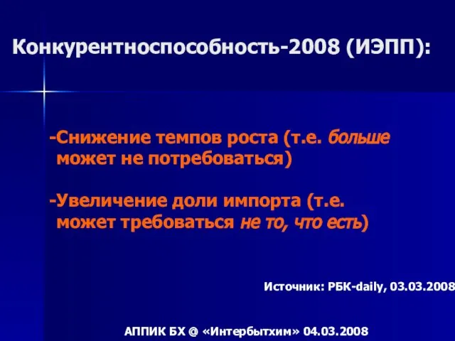 Конкурентноспособность-2008 (ИЭПП): Источник: РБК-daily, 03.03.2008 АППИК БХ @ «Интербытхим» 04.03.2008 Снижение темпов