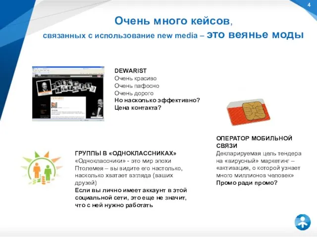 Очень много кейсов, связанных с использование new media – это веянье моды