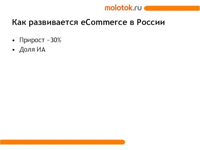 Как развивается eCommerce в России Прирост ~30% Доля ИА