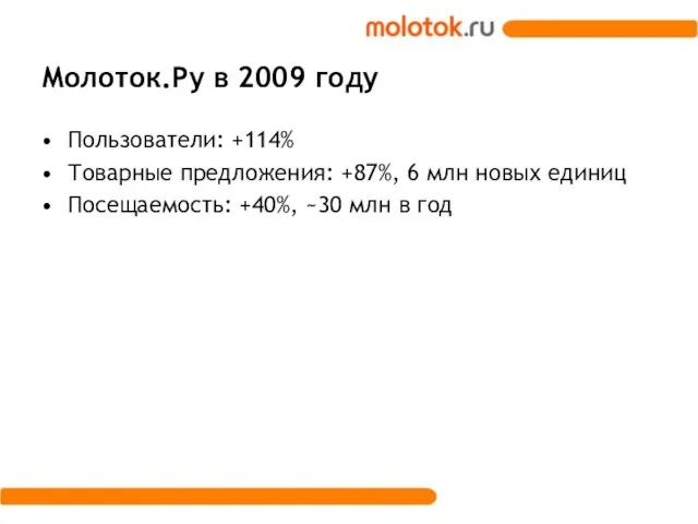 Молоток.Ру в 2009 году Пользователи: +114% Товарные предложения: +87%, 6 млн новых