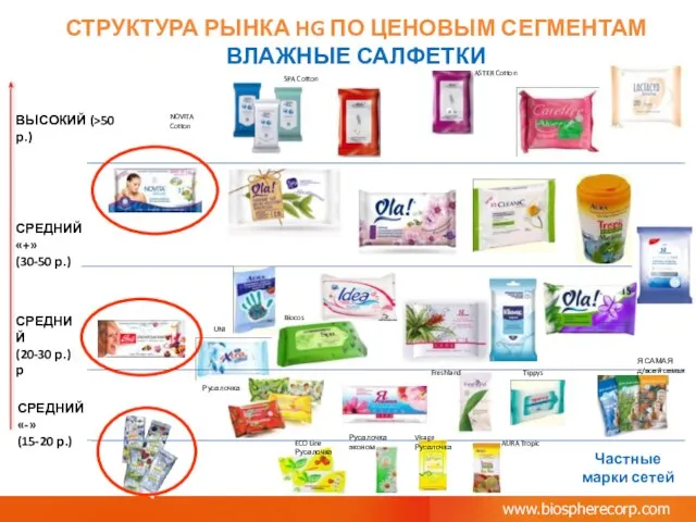 www.biospherecorp.com СТРУКТУРА РЫНКА HG ПО ЦЕНОВЫМ СЕГМЕНТАМ ВЛАЖНЫЕ САЛФЕТКИ СРЕДНИЙ «-» (15-20