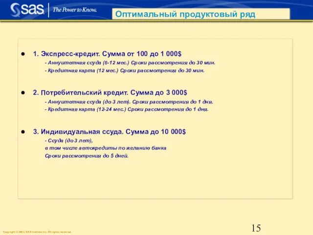 Оптимальный продуктовый ряд 1. Экспресс-кредит. Сумма от 100 до 1 000$ -