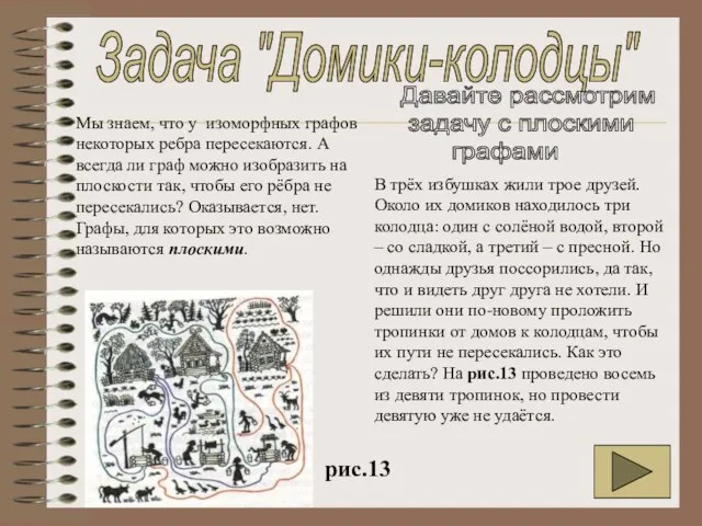 В трёх избушках жили трое друзей. Около их домиков находилось три колодца: