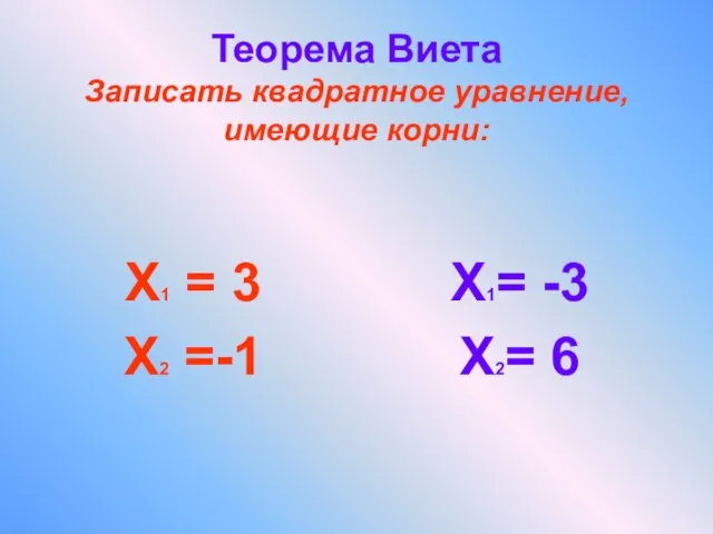 Теорема Виета Записать квадратное уравнение, имеющие корни: Х1 = 3 Х2 =-1 Х1= -3 Х2= 6