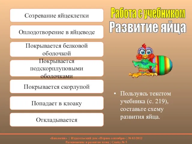 Пользуясь текстом учебника (с. 219), составьте схему развития яйца. Развитие яйца Работа