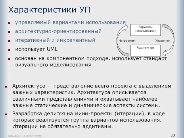 Павловская Т.А. (СПбГУ ИТМО) Характеристики УП управляемый вариантами использования архитектурно-ориентированный итеративный и