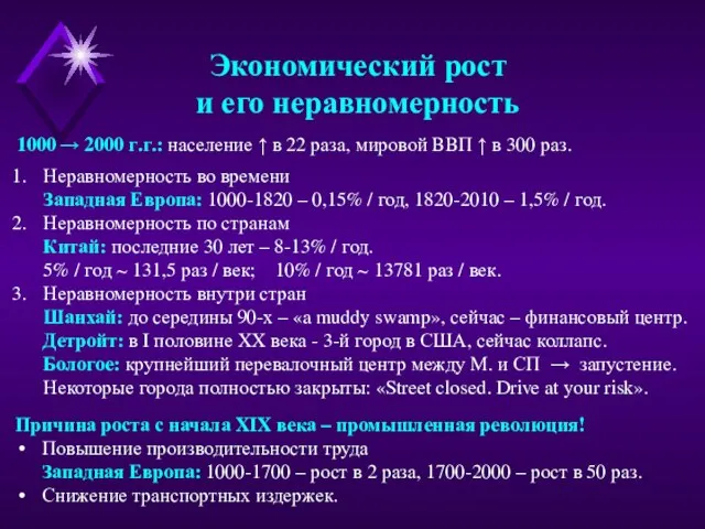 Экономический рост и его неравномерность 1000 → 2000 г.г.: население ↑ в