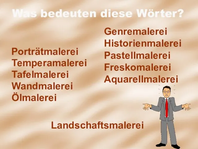 Was bedeuten diese Wörter? Porträtmalerei Temperamalerei Tafelmalerei Wandmalerei Ölmalerei Genremalerei Historienmalerei Pastellmalerei Freskomalerei Aquarellmalerei Landschaftsmalerei