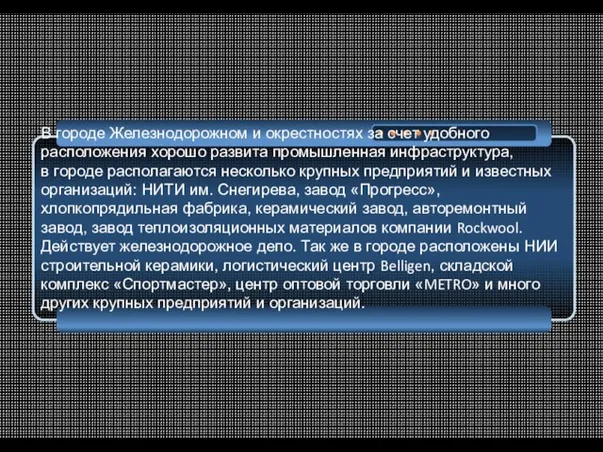 В городе Железнодорожном и окрестностях за счет удобного расположения хорошо развита промышленная