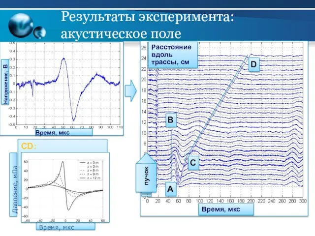 Результаты эксперимента: акустическое поле Расстояние вдоль трассы, см Время, мкс D C