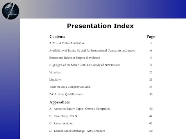 Presentation Index