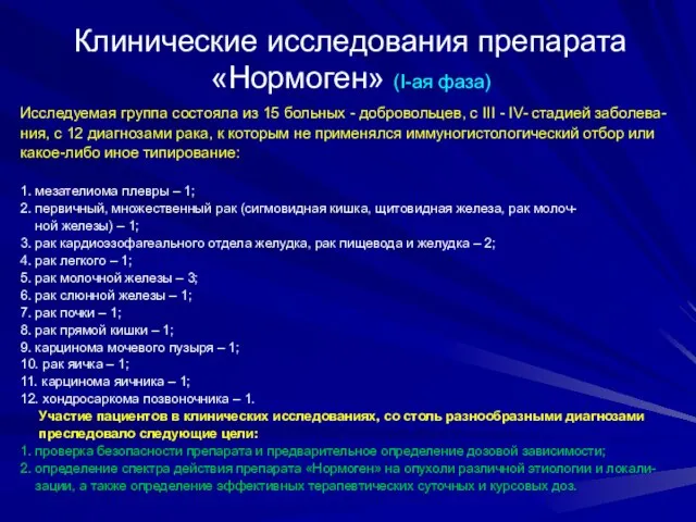 Клинические исследования препарата «Нормоген» (I-ая фаза) Исследуемая группа состояла из 15 больных