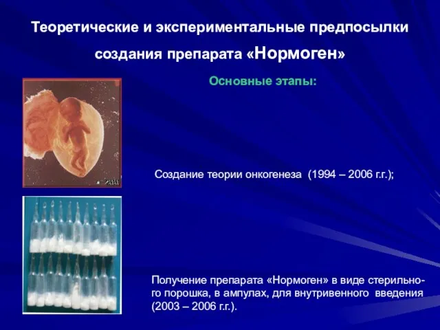 Теоретические и экспериментальные предпосылки создания препарата «Нормоген» Основные этапы: Создание теории онкогенеза