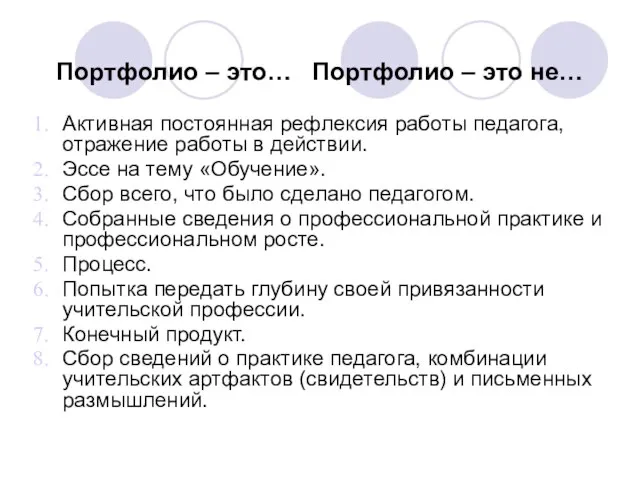 Портфолио – это… Портфолио – это не… Активная постоянная рефлексия работы педагога,