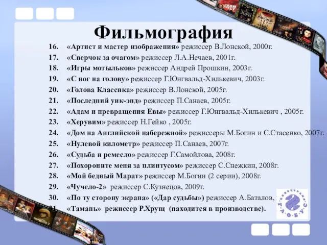 Фильмография «Артист и мастер изображения» режиссер В.Лонской, 2000г. «Сверчок за очагом» режиссер