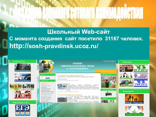 Создание внешнего сетевого взаимодействия Школьный Web-сайт С момента создания сайт посетило 31167 человек. http://sosh-pravdinsk.ucoz.ru/