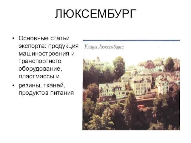 ЛЮКСЕМБУРГ Основные статьи экспорта: продукция машиностроения и транспортного оборудование, пластмассы и резины, тканей, продуктов питания