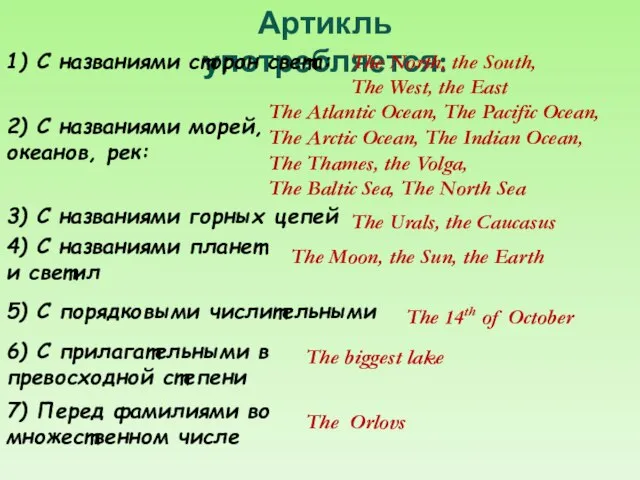 Артикль употребляется: 1) С названиями сторон света: The North, the South, The